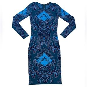 Felicity & Coco Bodycon Sweater Dress Long Sleeve Blue with Paisley Pattern SZ M